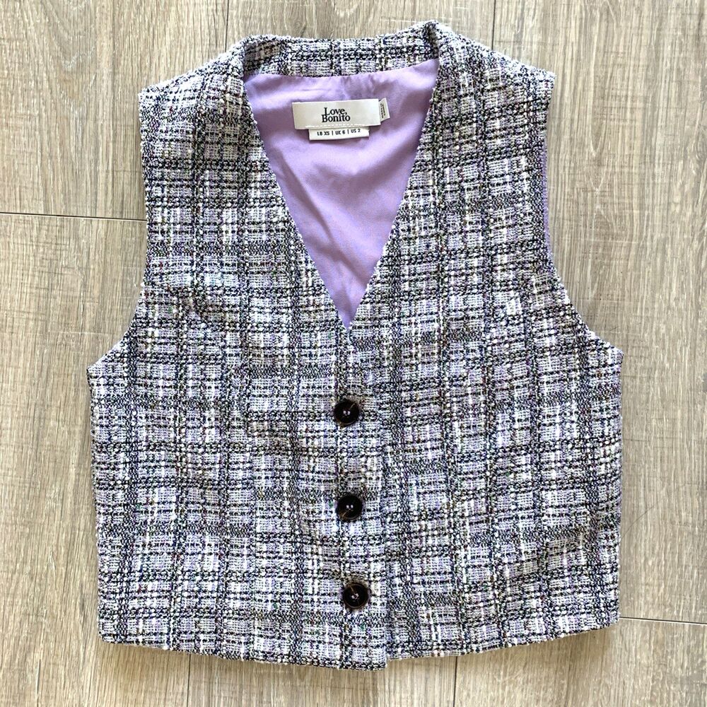 LOVE, BONITO Tweed Button Vest Cropped Short White Black Metallic Size XS